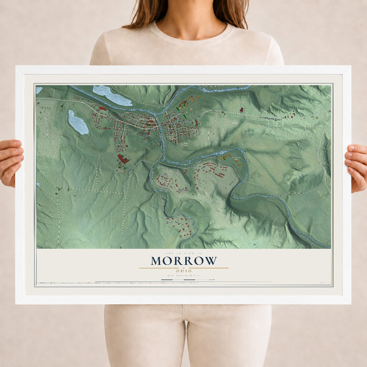 Map of Morrow, Ohio, 18 x 24 inch print in a white wood frame