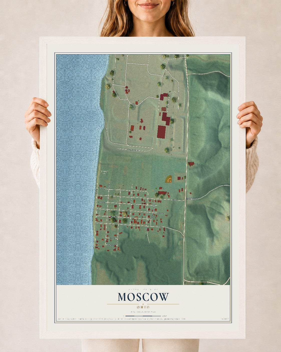 Map of Moscow, Ohio, 24 x 36 inch print in a white wood frame