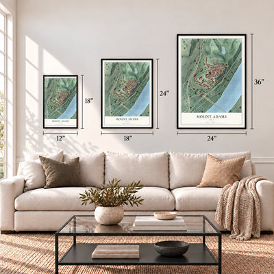 Mount Adams, Ohio map in 12 x 18, 18 x 24 and 24 x 36 inch sizes above a sofa