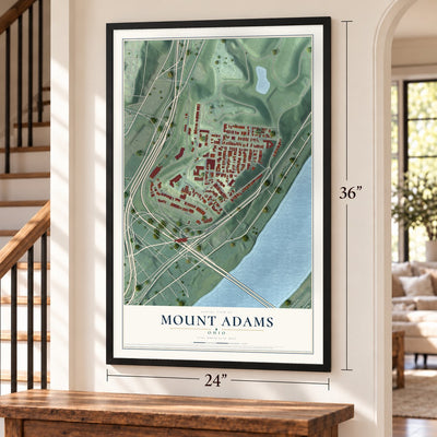 Mount Adams, Ohio map, 24 x 36 inch print in a black frame by a staircase