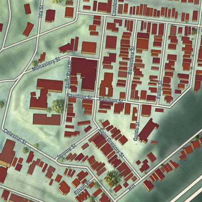 Close-up of the map of Mount Adams, Ohio print showing street and building detail