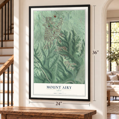 Mount Airy, Ohio map, 24 x 36 inch print in a black frame by a staircase