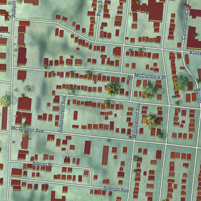 Close-up of the map of Mount Auburn, Ohio print showing street and building detail