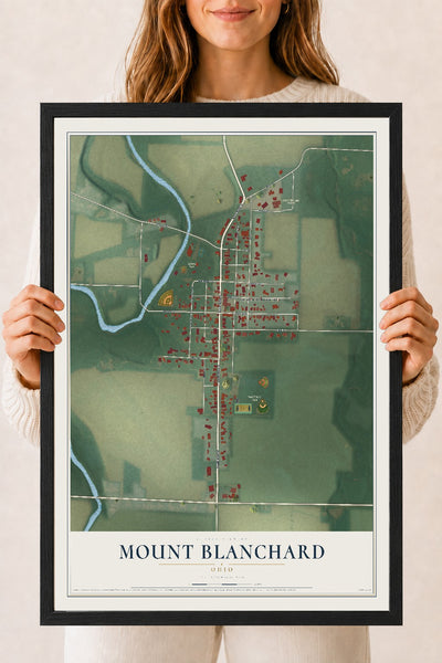 Map of Mount Blanchard, Ohio, 18 x 24 inch print in a black wood frame