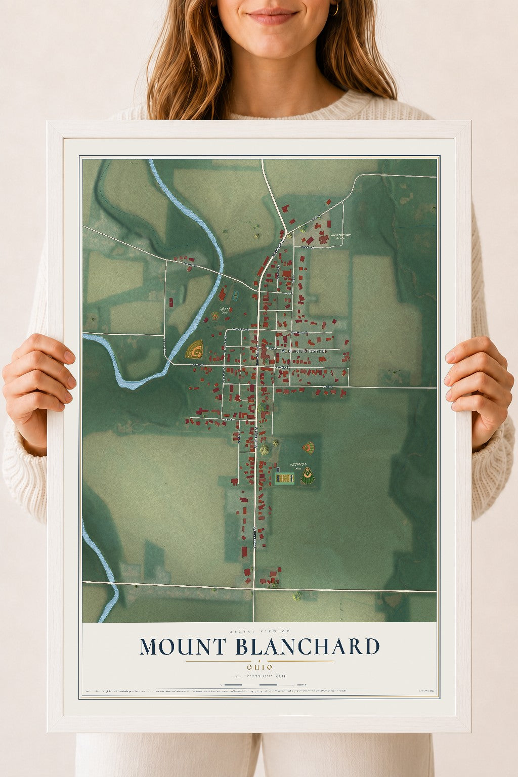 Map of Mount Blanchard, Ohio, 18 x 24 inch print in a white wood frame