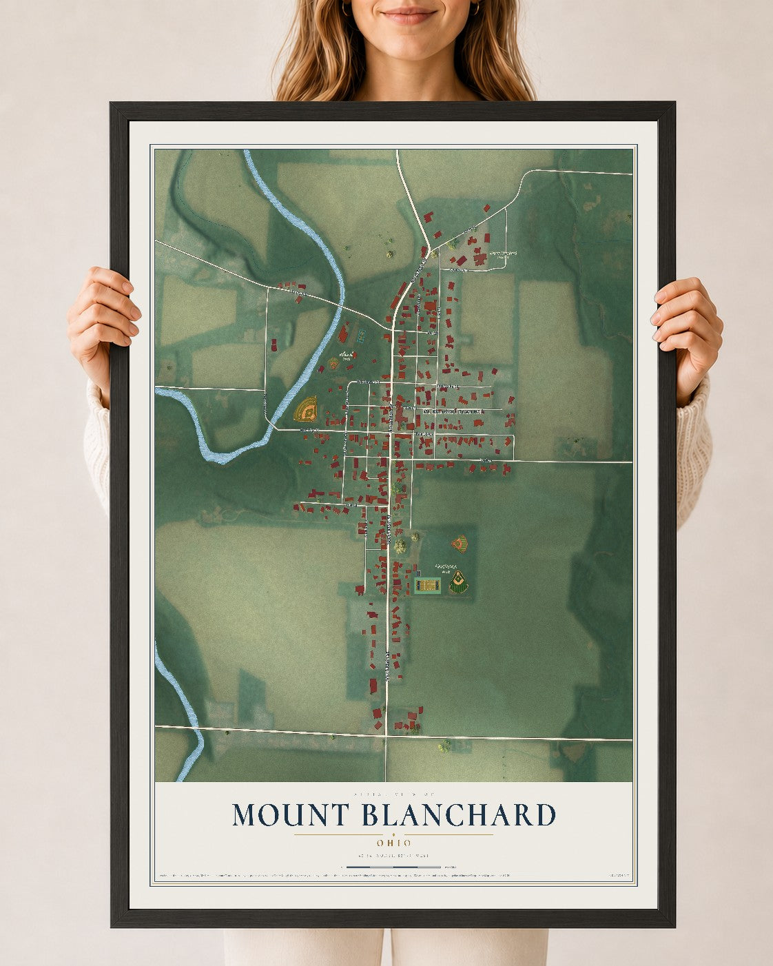 Map of Mount Blanchard, Ohio, 24 x 36 inch print in a black wood frame