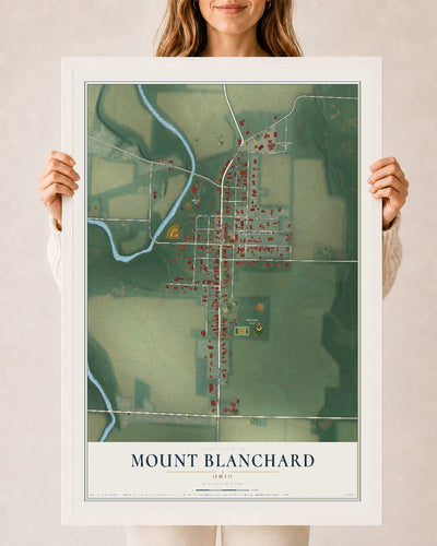 Map of Mount Blanchard, Ohio, 24 x 36 inch print in a white wood frame