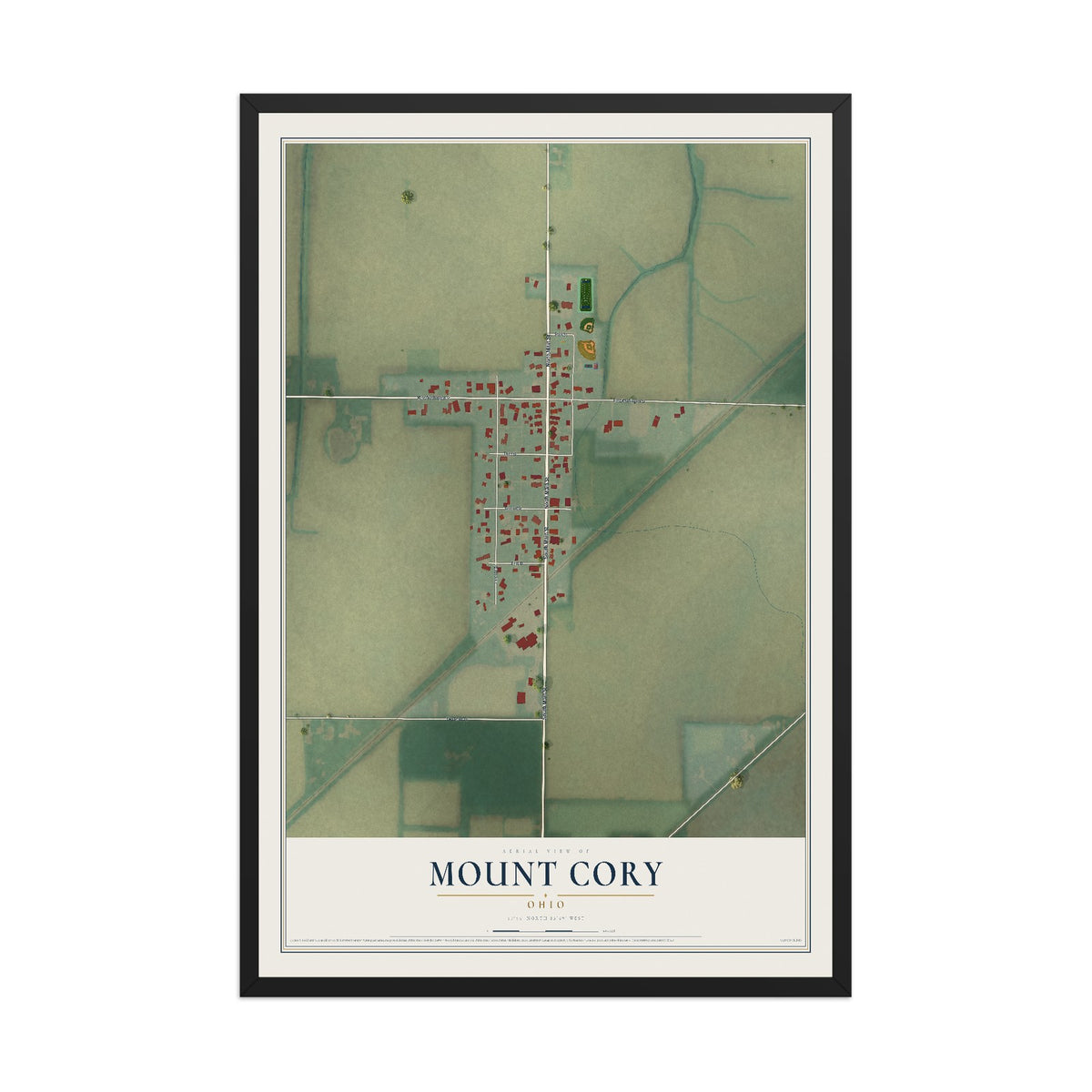 Map of Mount Cory, Ohio, 12 x 18 inch print in a black wood frame