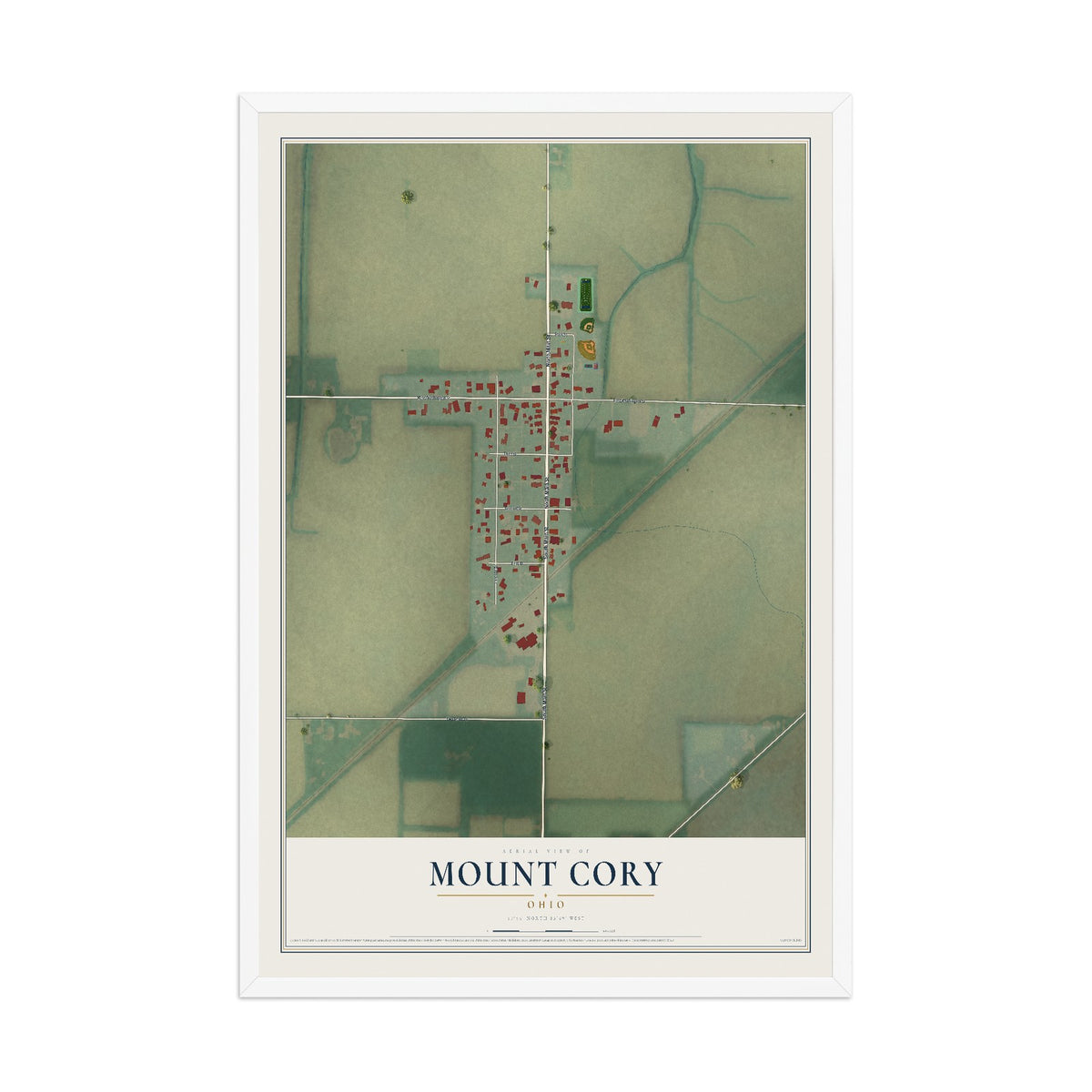 Map of Mount Cory, Ohio, 12 x 18 inch print in a white wood frame