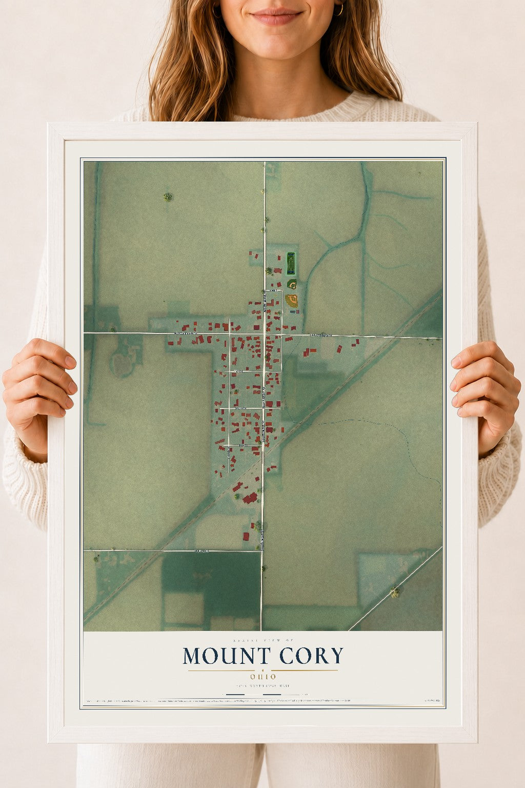Map of Mount Cory, Ohio, 18 x 24 inch print in a white wood frame