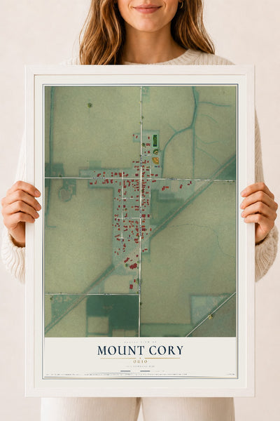 Map of Mount Cory, Ohio, 18 x 24 inch print in a white wood frame