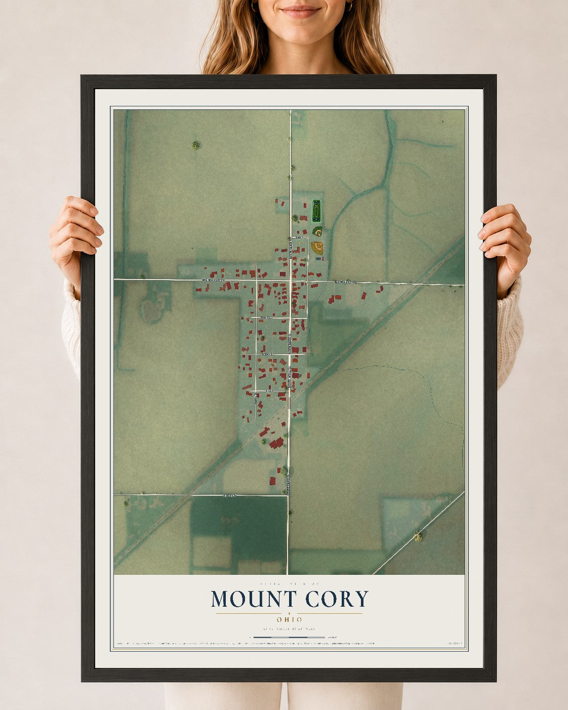 Map of Mount Cory, Ohio, 24 x 36 inch print in a black wood frame