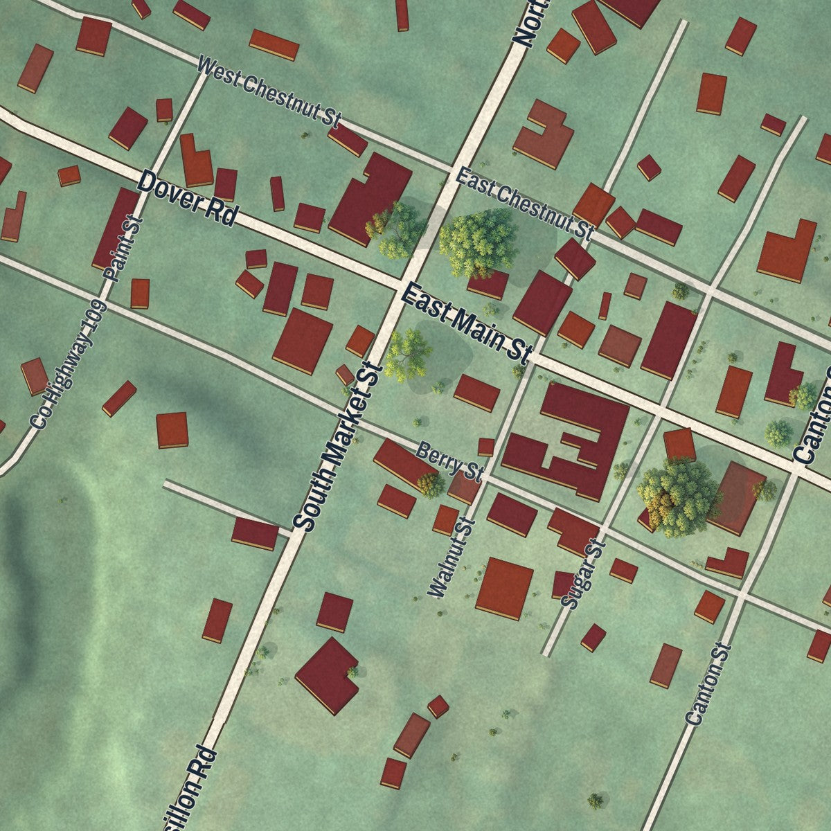 Close-up of the map of Mount Eaton, Ohio print showing street and building detail