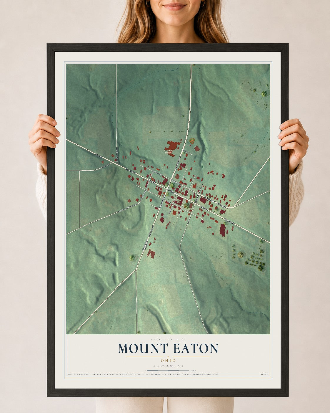 Map of Mount Eaton, Ohio, 24 x 36 inch print in a black wood frame