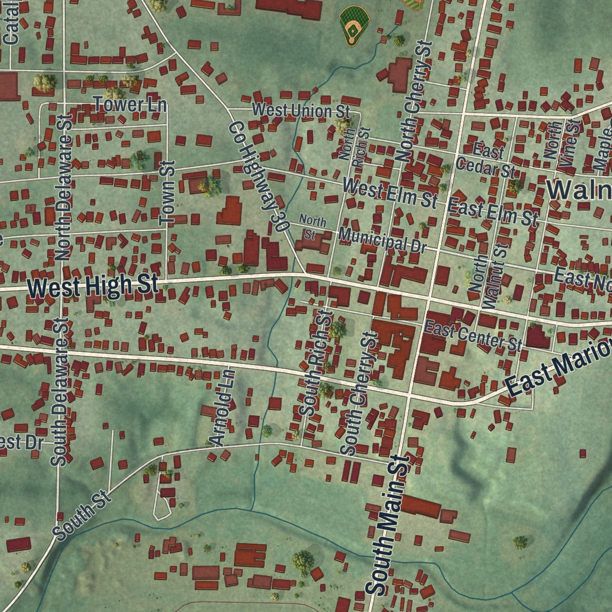 Close-up of the map of Mount Gilead, Ohio print showing street and building detail