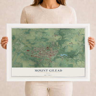 Map of Mount Gilead, Ohio, 12 x 18 inch print in a white wood frame