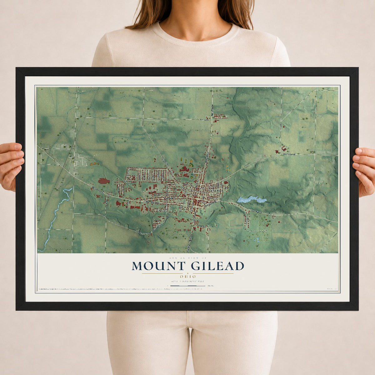 Map of Mount Gilead, Ohio, 18 x 24 inch print in a black wood frame