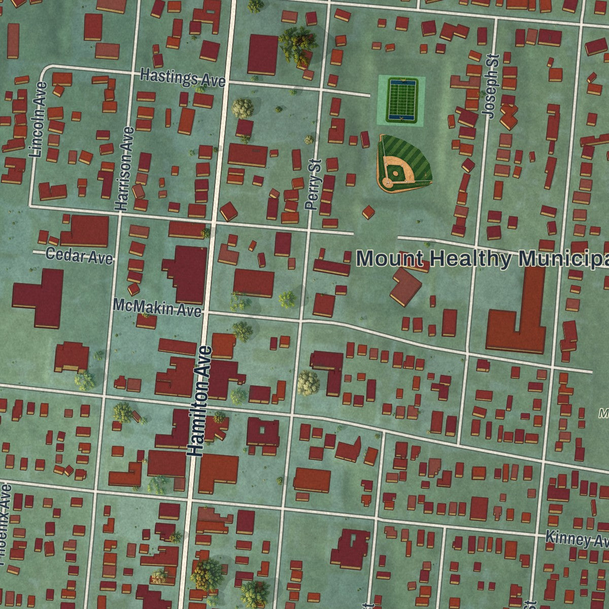 Close-up of the map of Mount Healthy, Ohio print showing street and building detail