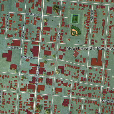Close-up of the map of Mount Healthy, Ohio print showing street and building detail