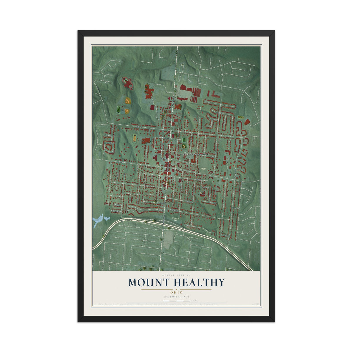 Map of Mount Healthy, Ohio, 12 x 18 inch print in a black wood frame