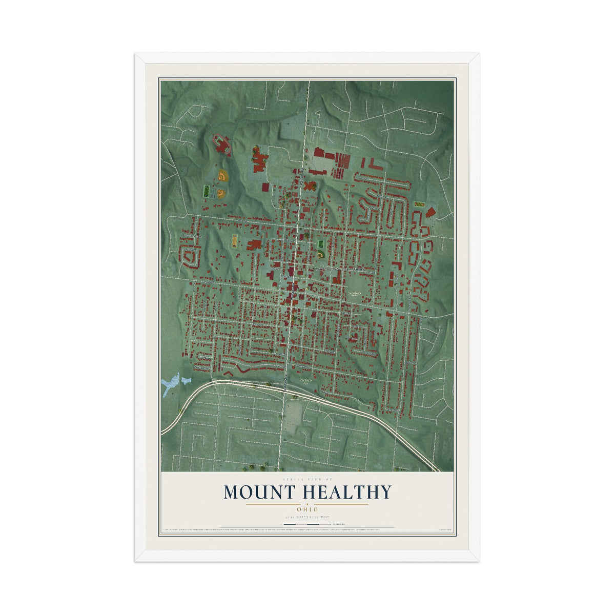 Map of Mount Healthy, Ohio, 12 x 18 inch print in a white wood frame