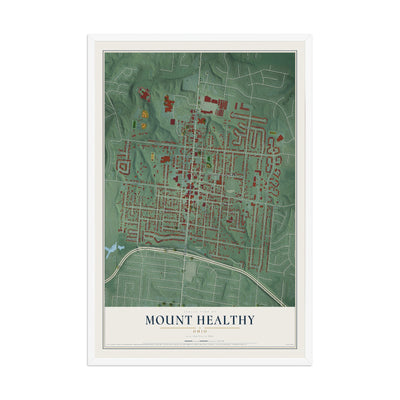 Map of Mount Healthy, Ohio, 12 x 18 inch print in a white wood frame