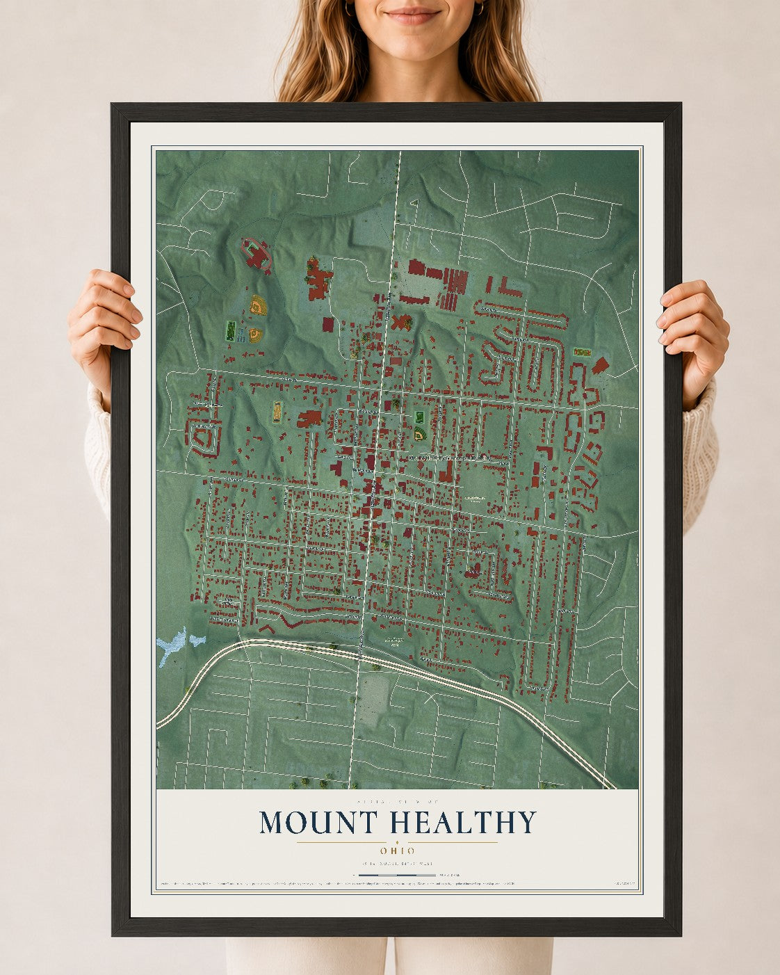 Map of Mount Healthy, Ohio, 24 x 36 inch print in a black wood frame