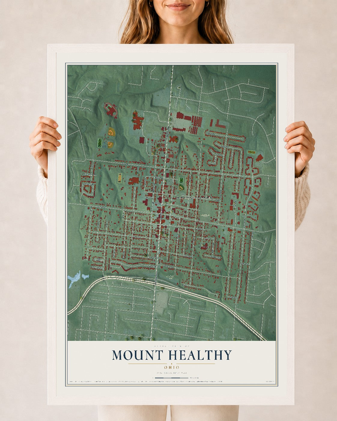 Map of Mount Healthy, Ohio, 24 x 36 inch print in a white wood frame