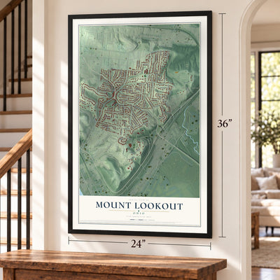 Mount Lookout, Ohio map, 24 x 36 inch print in a black frame by a staircase