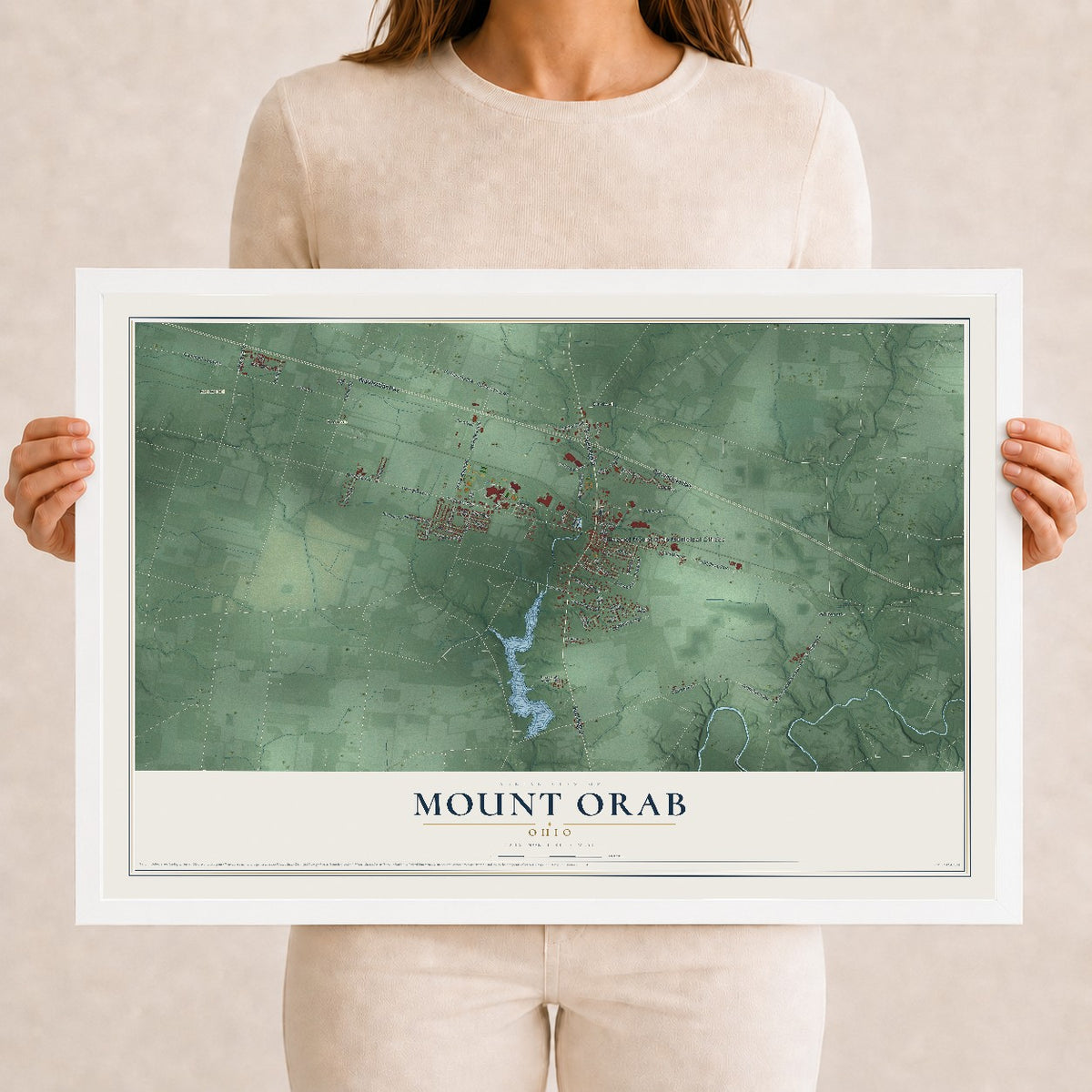 Map of Mount Orab, Ohio, 12 x 18 inch print in a white wood frame