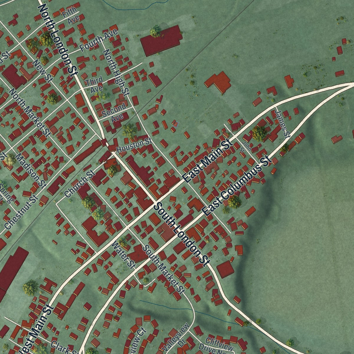 Close-up of the map of Mount Sterling, Ohio print showing street and building detail