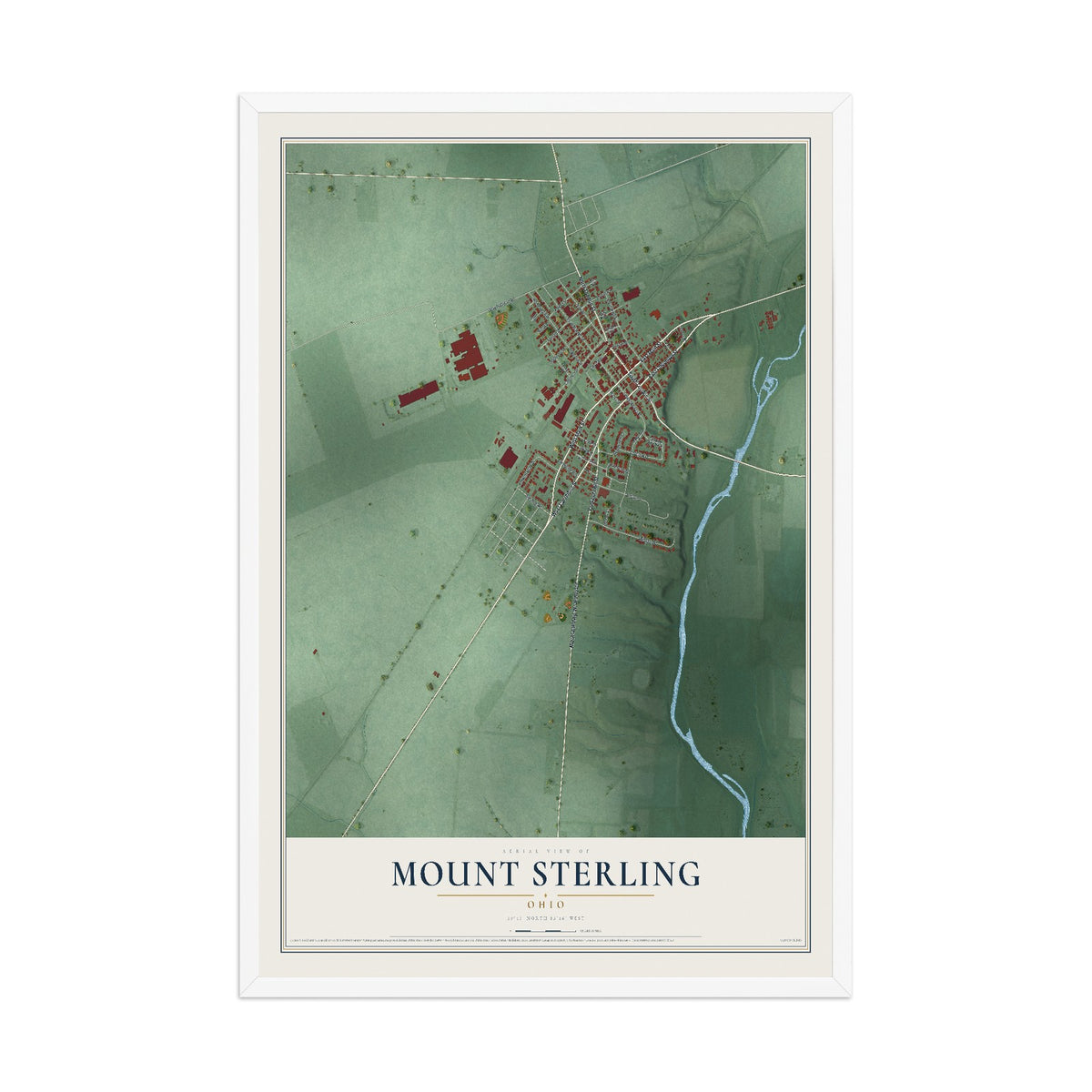 Map of Mount Sterling, Ohio, 12 x 18 inch print in a white wood frame