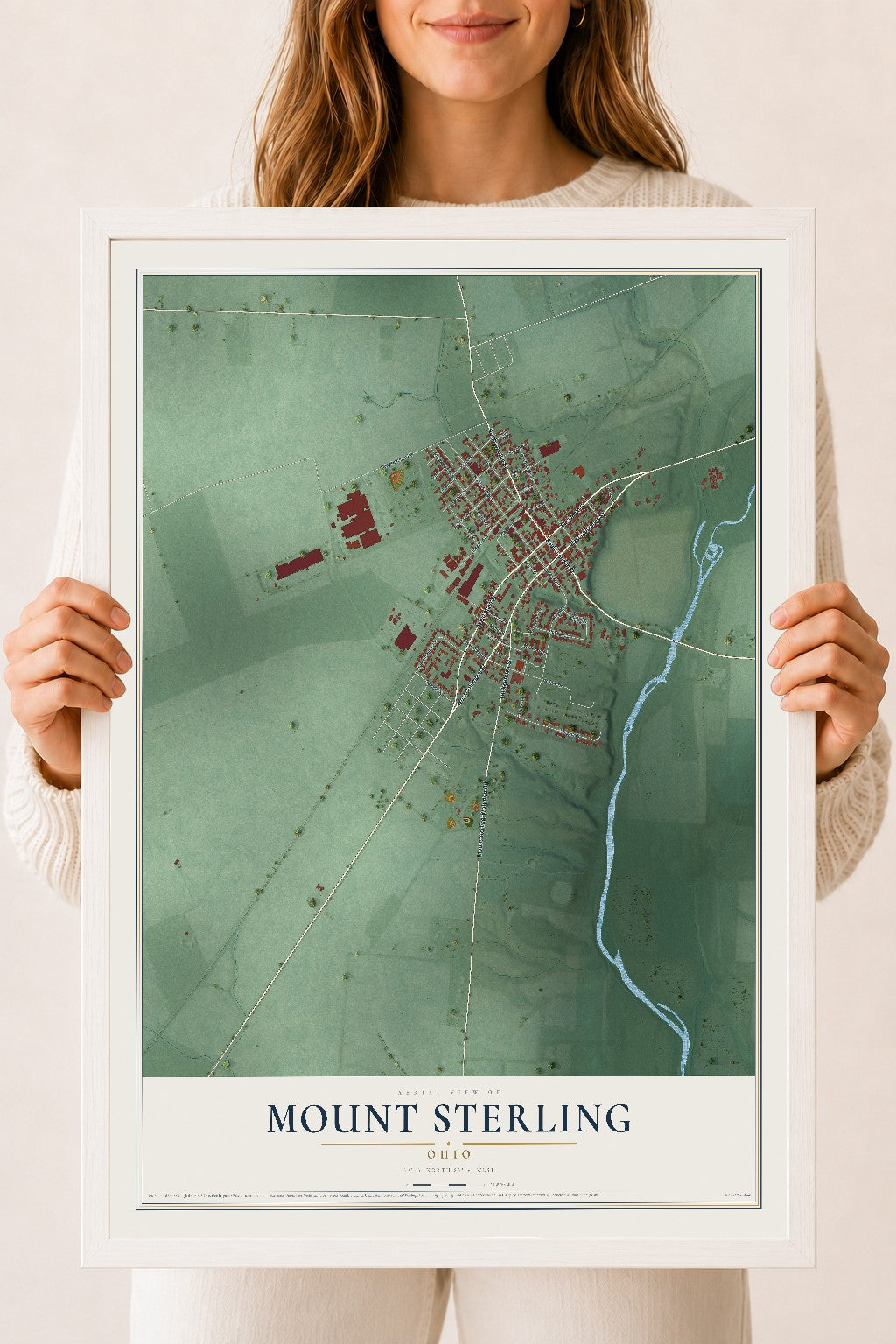 Map of Mount Sterling, Ohio, 18 x 24 inch print in a white wood frame