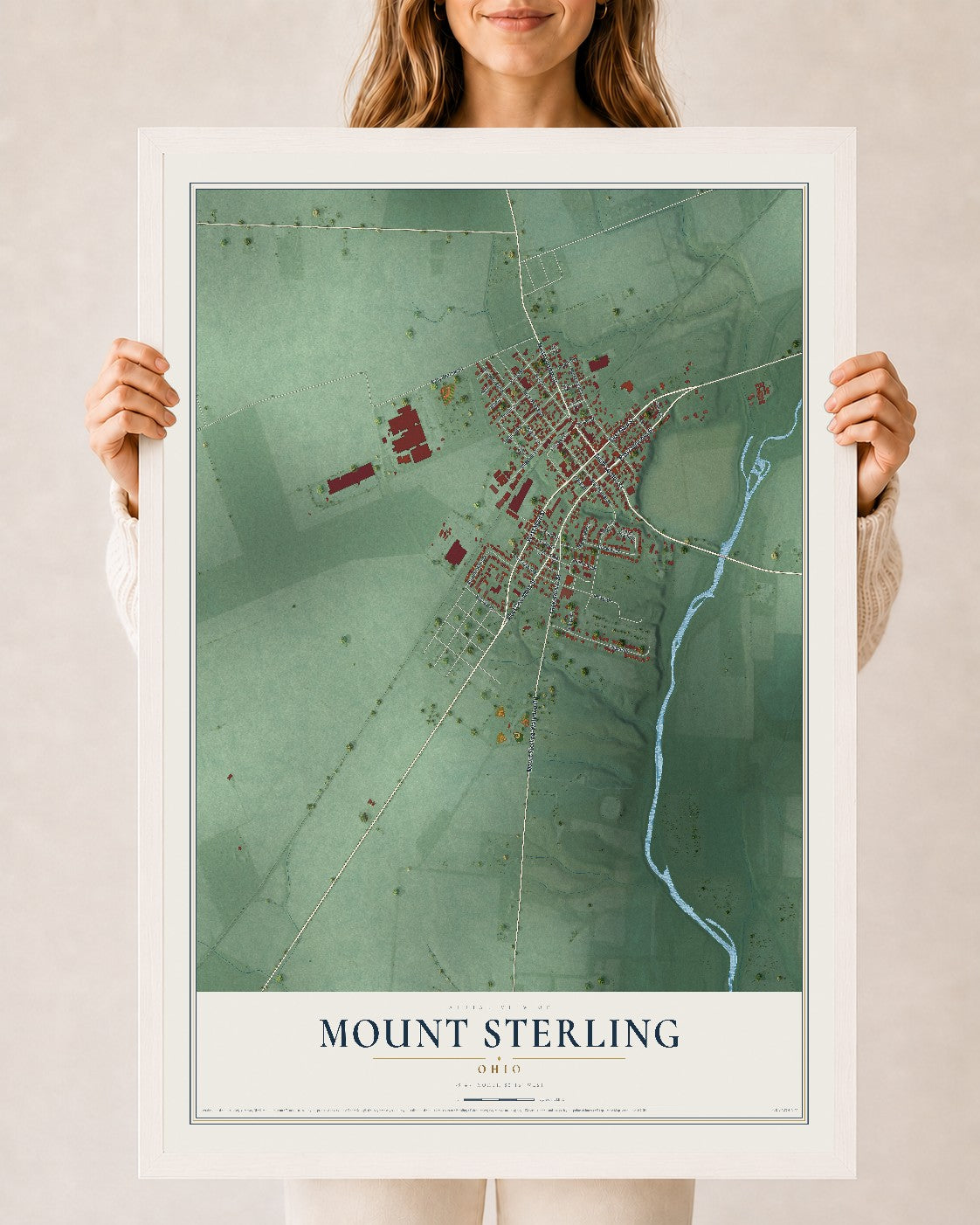 Map of Mount Sterling, Ohio, 24 x 36 inch print in a white wood frame