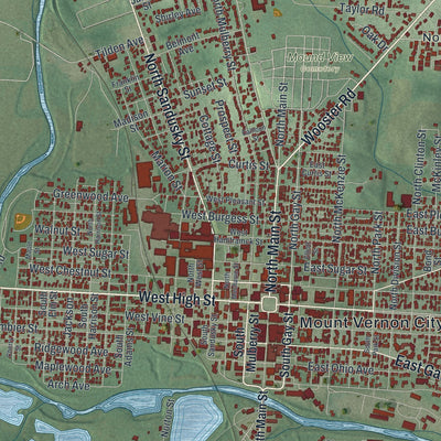 Close-up of the map of Mount Vernon, Ohio print showing street and building detail