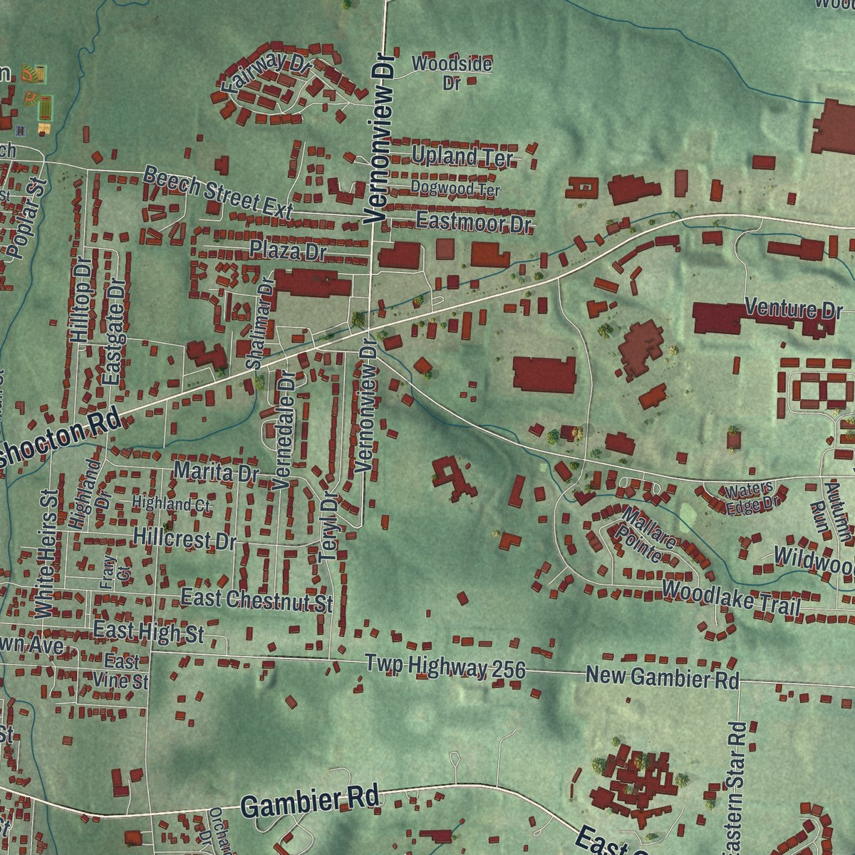 Second close-up of the map of Mount Vernon, Ohio print showing more streets and buildings