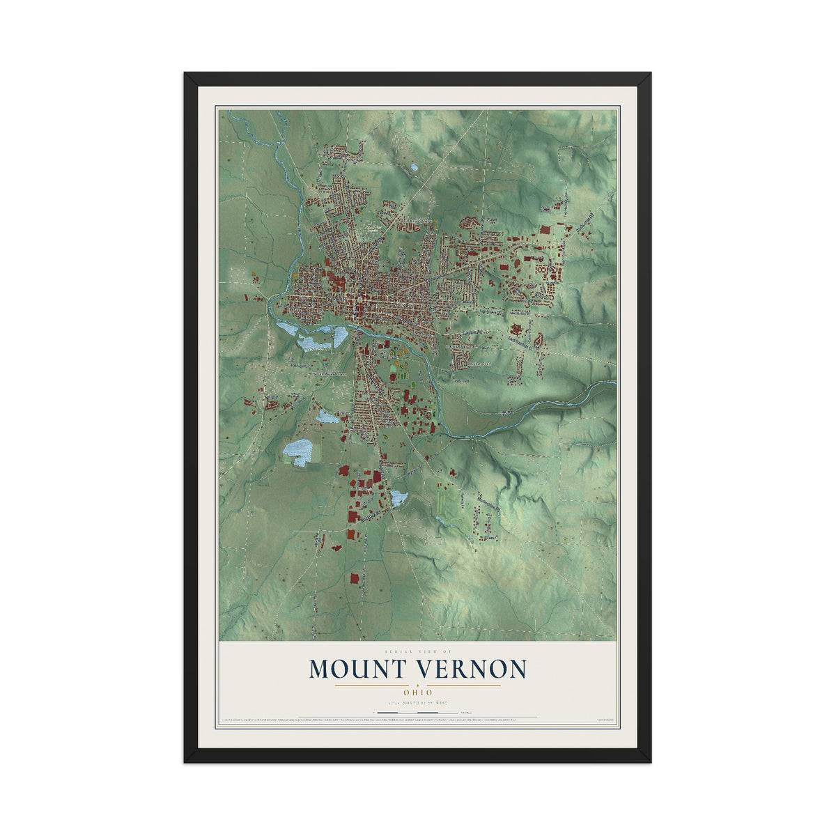 Map of Mount Vernon, Ohio, 12 x 18 inch print in a black wood frame