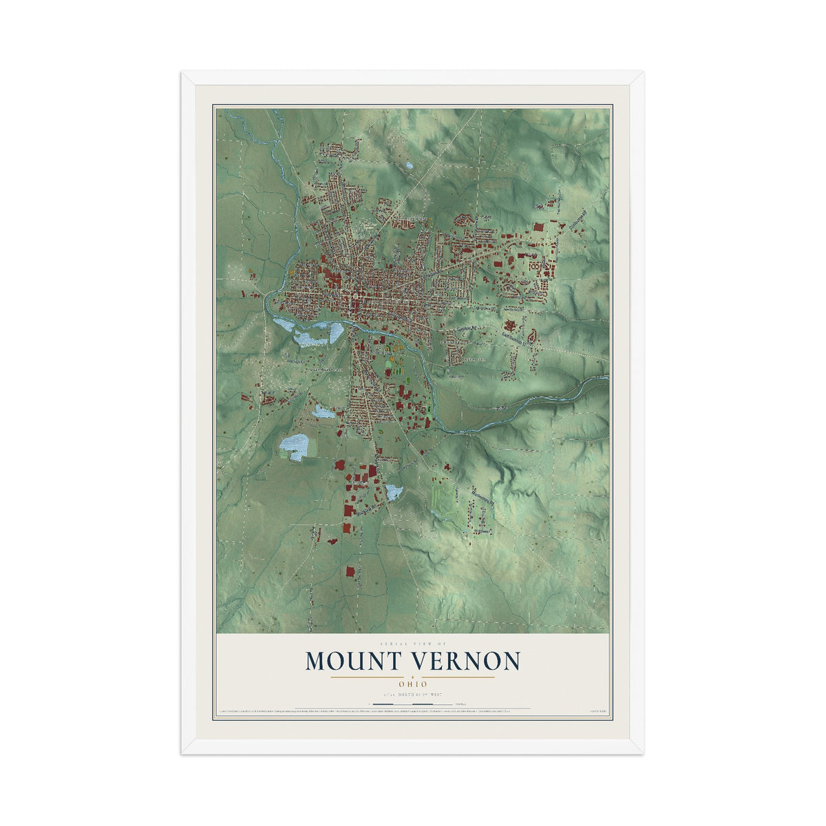 Map of Mount Vernon, Ohio, 12 x 18 inch print in a white wood frame
