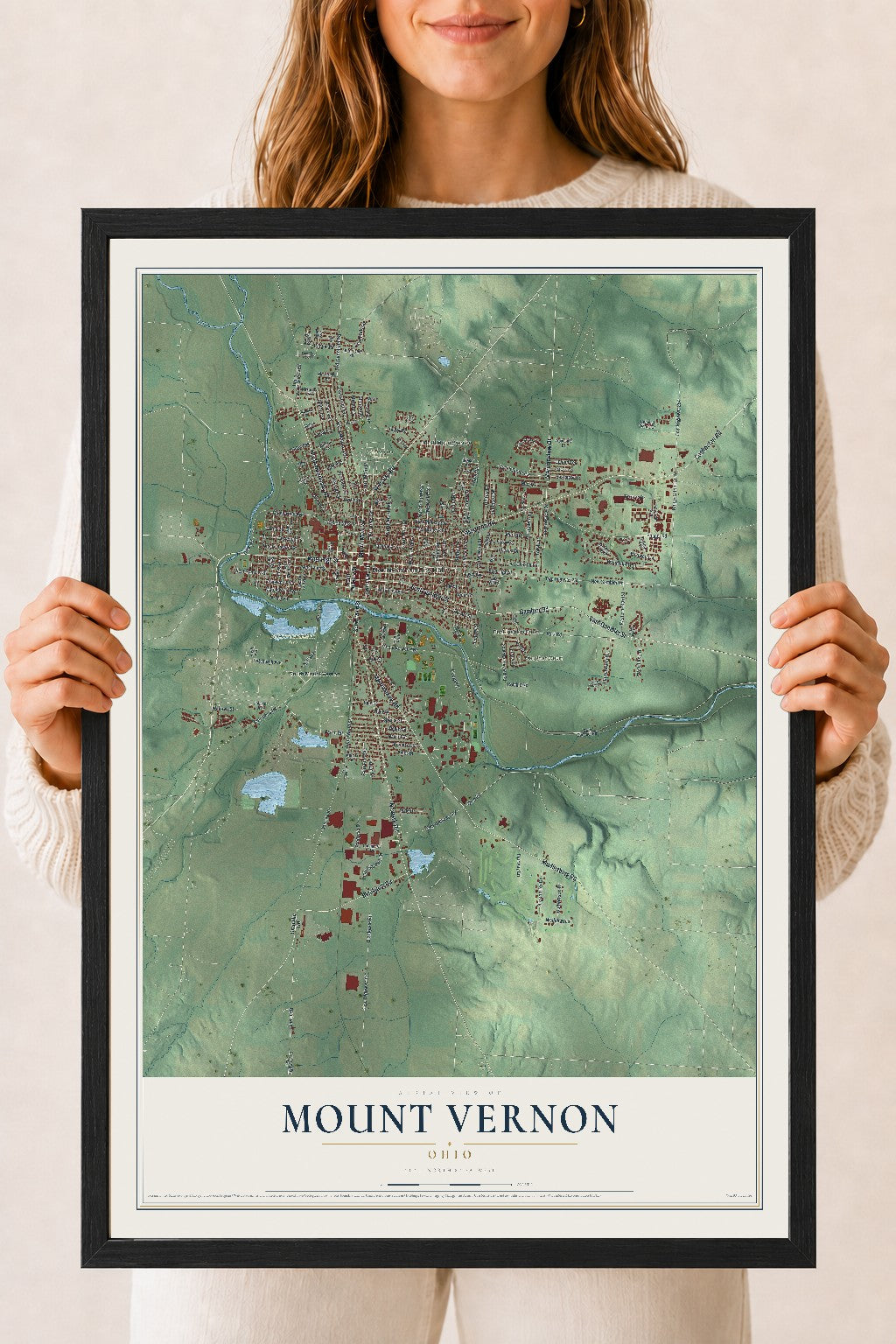 Map of Mount Vernon, Ohio, 18 x 24 inch print in a black wood frame