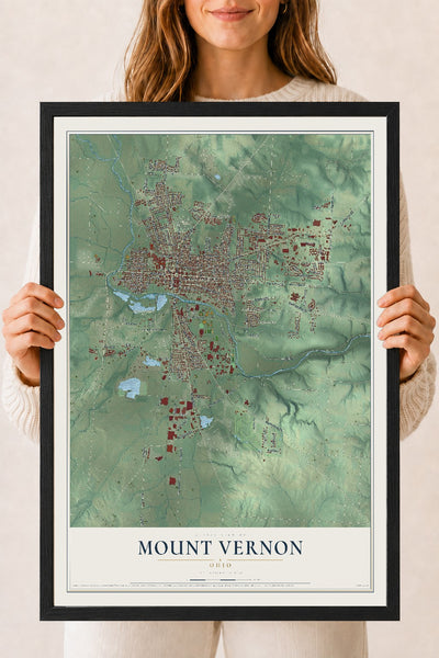 Map of Mount Vernon, Ohio, 18 x 24 inch print in a black wood frame
