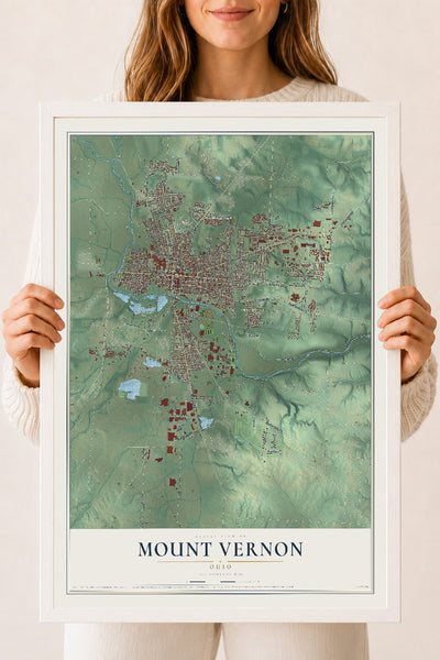 Map of Mount Vernon, Ohio, 18 x 24 inch print in a white wood frame