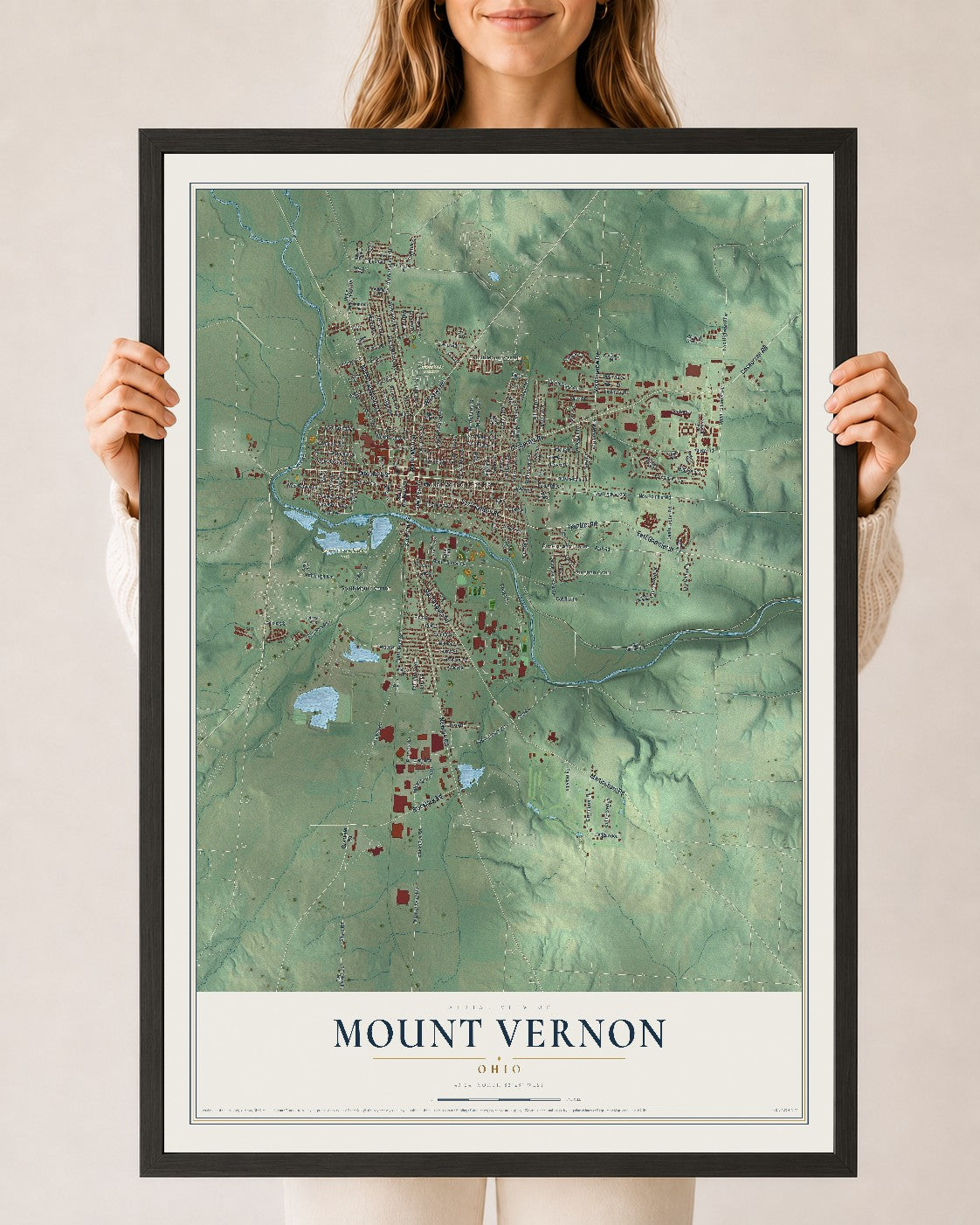 Map of Mount Vernon, Ohio, 24 x 36 inch print in a black wood frame