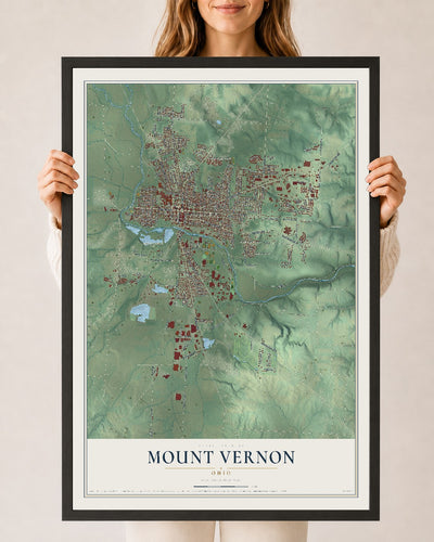 Map of Mount Vernon, Ohio, 24 x 36 inch print in a black wood frame