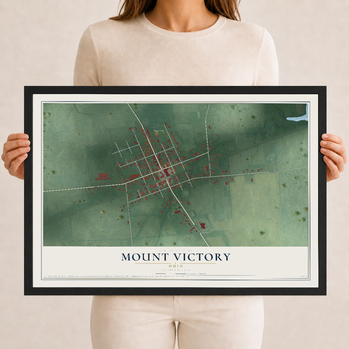 Map of Mount Victory, Ohio, 12 x 18 inch print in a black wood frame