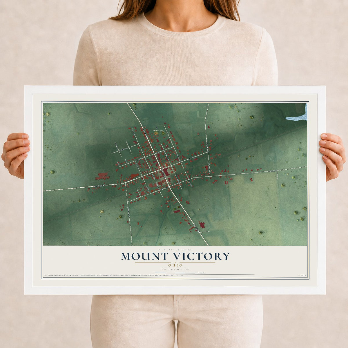 Map of Mount Victory, Ohio, 12 x 18 inch print in a white wood frame