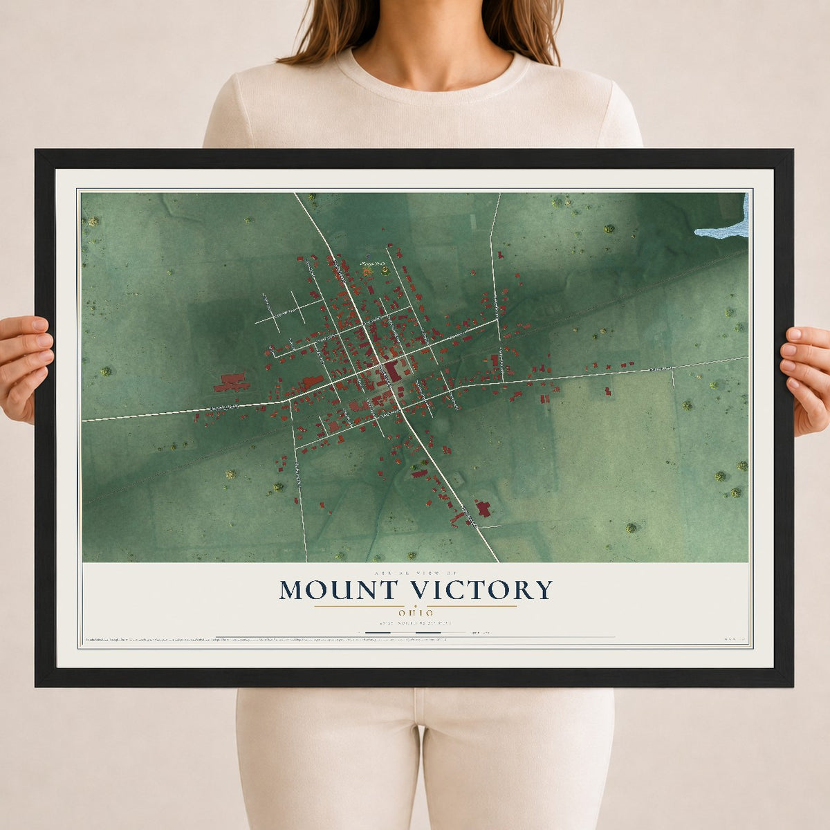 Map of Mount Victory, Ohio, 18 x 24 inch print in a black wood frame