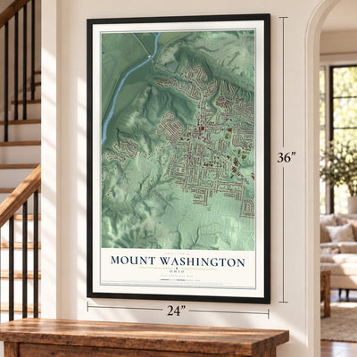 Mount Washington, Ohio map, 24 x 36 inch print in a black frame by a staircase