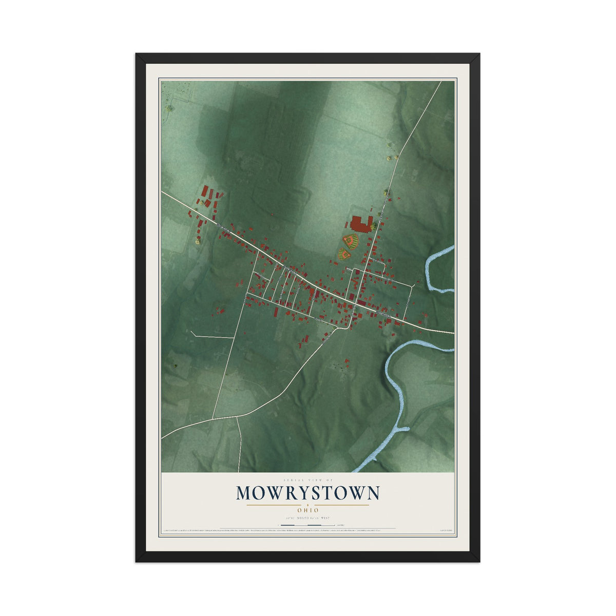 Map of Mowrystown, Ohio, 12 x 18 inch print in a black wood frame