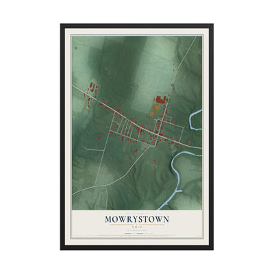 Map of Mowrystown, Ohio, 12 x 18 inch print in a black wood frame