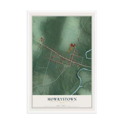 Map of Mowrystown, Ohio, 12 x 18 inch print in a white wood frame